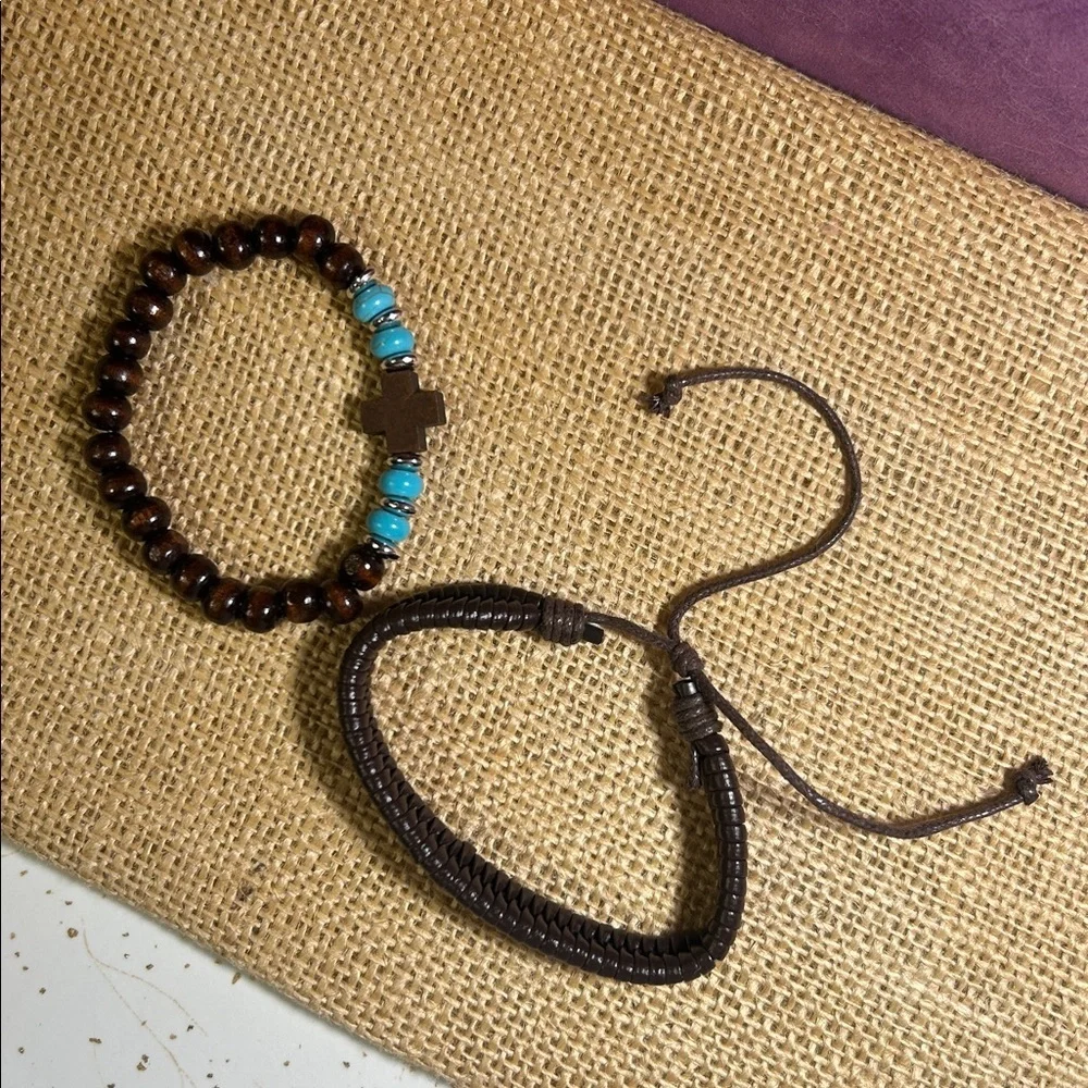 Wooden, Turquoise & Silver Bead and Braided Leather Bracelet Bundle (B)